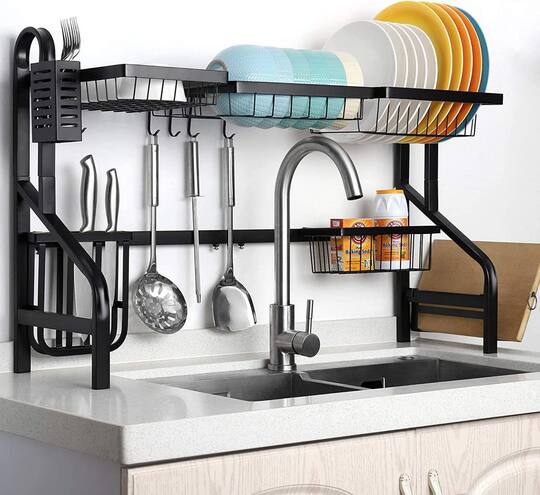 NEX™ Black 2-Tier Over the Sink Dish Rack with Utility Hooks
